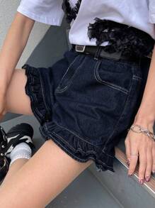 FRIFUL Women's Casual Blue Denim Ruffle Hem Shorts: Zipper Detail Short Jeans For A Stylish Summer Look Denim Shorts