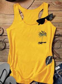 SHEIN LUNE Women California Casual Resort Beach Palm Tree Graphic Sleeveless Tank Top, Suitable For Summer Back To School - Ginger - View 3