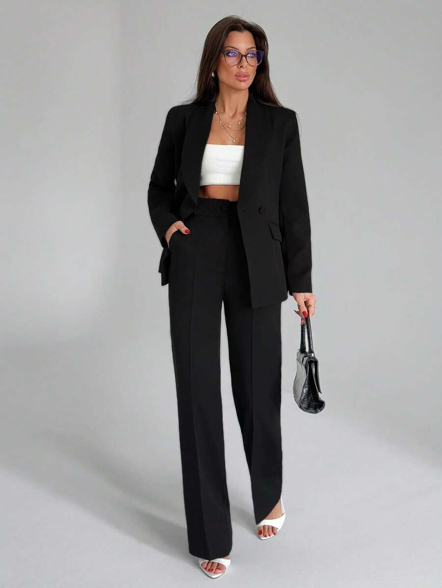 EURMUSE 女士纯色纽扣和口袋细节两件套