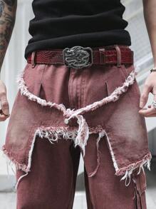 Manfinity EMRG Men's Burgundy Denim Long Jeans With Zipper Details And Distressed Frayed Design - Burgundy - View 5