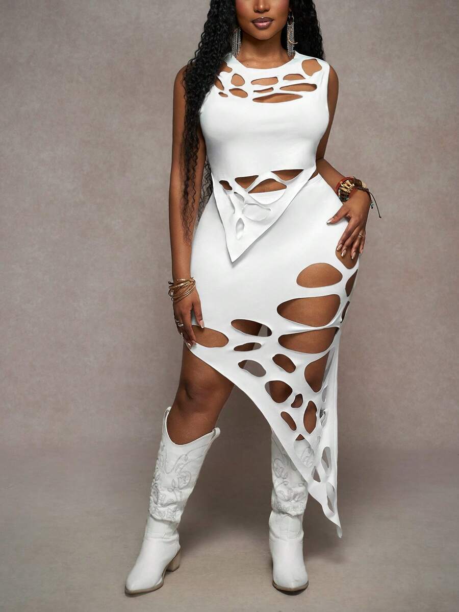 Slaydiva 2025 春夏新品地球日性感派对俱乐部服装白色纯色镂空提花不对称无袖短款上衣和紧身裙套装，加大码 2 件 - 白色 - 查看 1