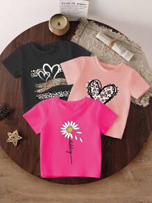 SHEIN 3pcs/Set Young Girls Casual Comfortable Stylish Heart & Flower Pattern Short Sleeve T-Shirt - Multicolor - View 3