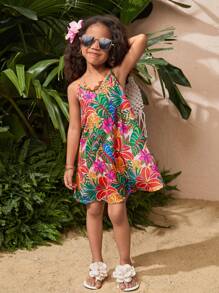 SHEIN Young Girl Woven Tropical Print Slip Dress