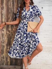 SHEIN Clasi Abito da spiaggia con maniche a sbuffo e stampa floreale all-over, adatto per vacanze e uso casual