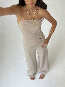 Aloruh 2pcs Set For Women: Asymmetrical Hem Tube Top And Pants, Solid Color - Khaki - View 6