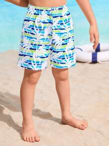 年轻男孩度假海滩条纹和植物印花短袖短裤和泳衣套装 - 彩色 - 查看 5