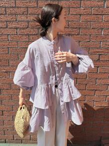 FRIFUL Women's Oversize Ruched Layered Ruffled Puff Sleeve Loose Solid Color City Casual Spring/Summer Long Shirt,Fall Clothes Long Sleeve Top Vacation - Mauve Purple - View 1
