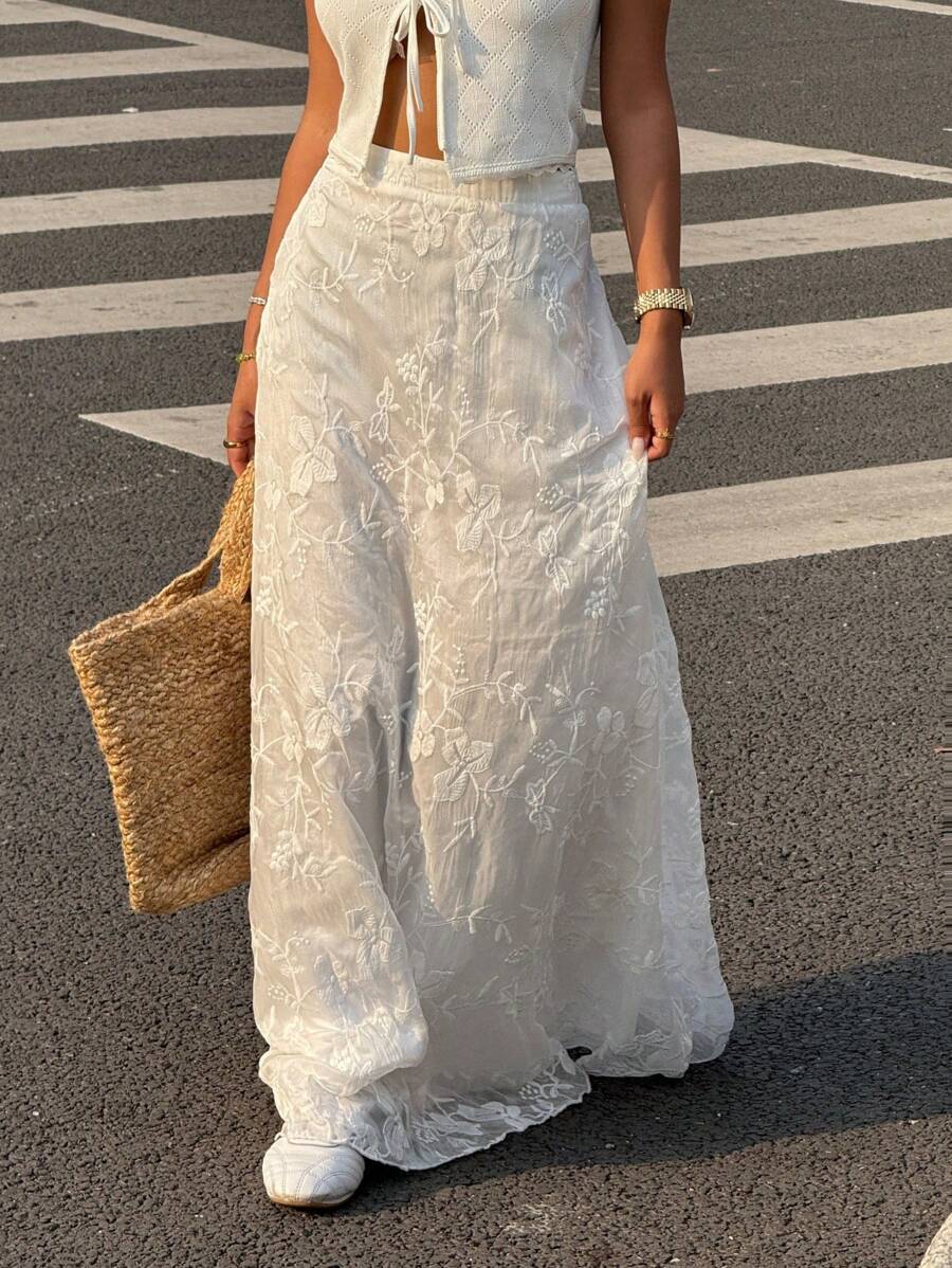 Muchica Women's Summer Floral Embroidered Elastic Waist Skirt - White - View 1