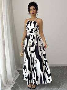 Elenzga Vestido de línea A con estampado gráfico en blanco y negro, con hombros abiertos, nudo retorcido y escote de halter, elegante para primavera/verano de las mujeres
