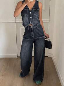 DAZY Women's Washed Denim Vest And Loose Fit Jeans Set, Casual Outfit - Dark Wash - View 3