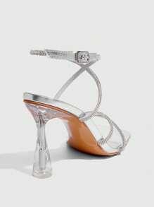 CUCCOO SZL Sandalias de mujer con puntera cuadrada y cadena de strass plateados, zapatos de vestir con tacón grueso transparente, tacones altos - Plateado - Ver 11