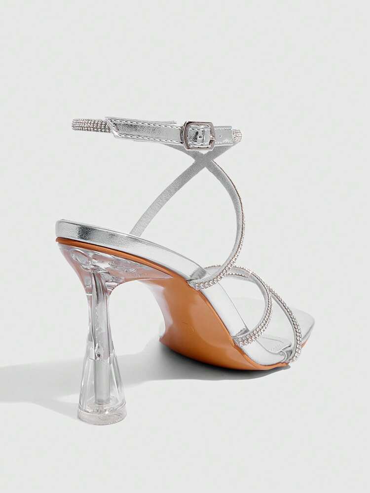 CUCCOO SZL Women Square Toe Sandals With Silver Rhinestone Chain, Transparent Chunky Heel Party Dress Shoes, High Heels