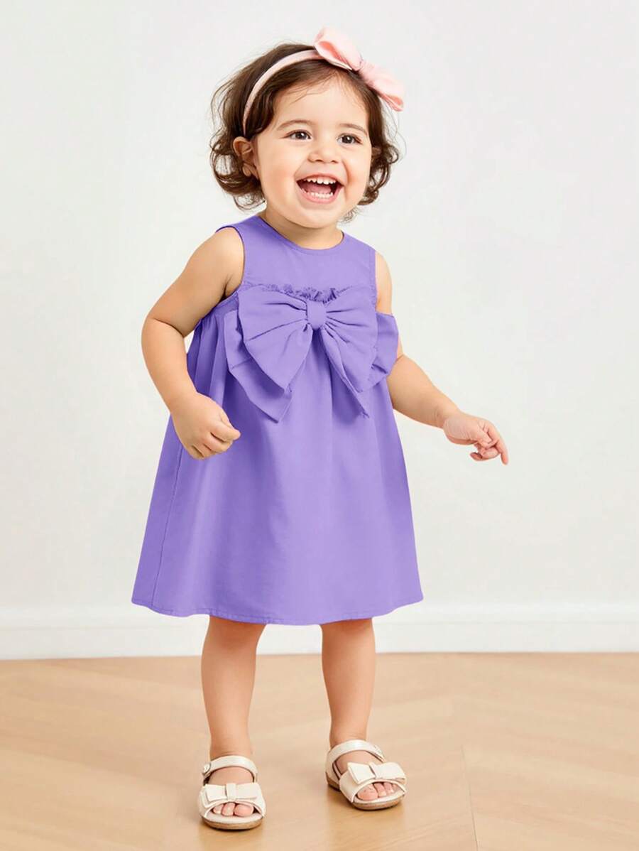Cozy Pixies Baby Girl Sleeveless Dress With Large Bow Decor, Elastic Waist