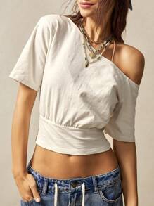 Bohemela 1 件女式纯色针织不对称领短款上衣