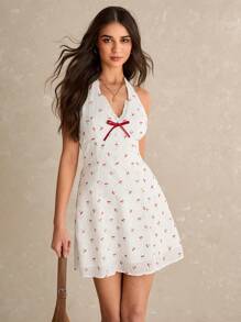 Poéselle 白色连衣裙，樱桃印花连衣裙，领口设计，红色蝴蝶结撞色，蕾丝拼接，刺绣面料，精致可爱，女士无袖樱桃印花镂空刺绣挂脖迷你连衣裙 - 白色 - 查看 4