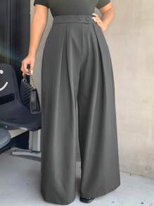 Dazy Plus 加大码宽松纯色阔腿双扣褶皱长款休闲裤，四季皆宜，女士正装裤，教师裤秋季