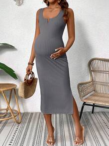 SHEIN Maternity Summer Casual Notch Neck Split Hem Bodycon Dress