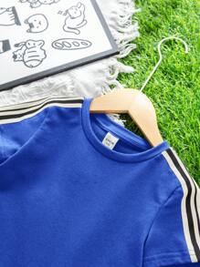SHEIN 2pcs/Set Baju Bayi Laki-laki/Perempuan Kasual Lucu dengan Motif Grafis, Atasan Sweater Rajut Longgar Bahu Jatuh dan Celana Rajut Pinggang Elastis Warna Kontras dengan Tali Serut, Cocok untuk Dipakai di Musim Semi/Panas - Biru - View 6
