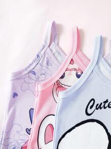 3-Pack Young Girl Cartoon Rabbit Print Cami Tank Tops, Light Blue, Light Purple, Light Pink - Multicolor - View 6