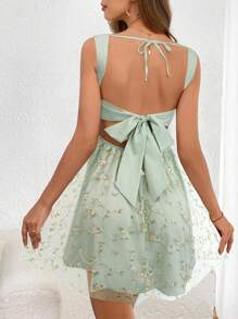 SHEIN Privé 翻领露背系带刺绣 A 字形连衣裙 - 薄荷綠 - 查看 4