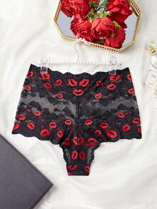SHEIN Plus Size Women High Waist Lip Lace Fashion Panty Lingerie - Black - View 3