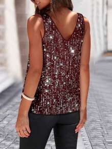 INAWLY Women's Rhinestone Decor Fitted Casual Tank Top, Summer - Red - View 2