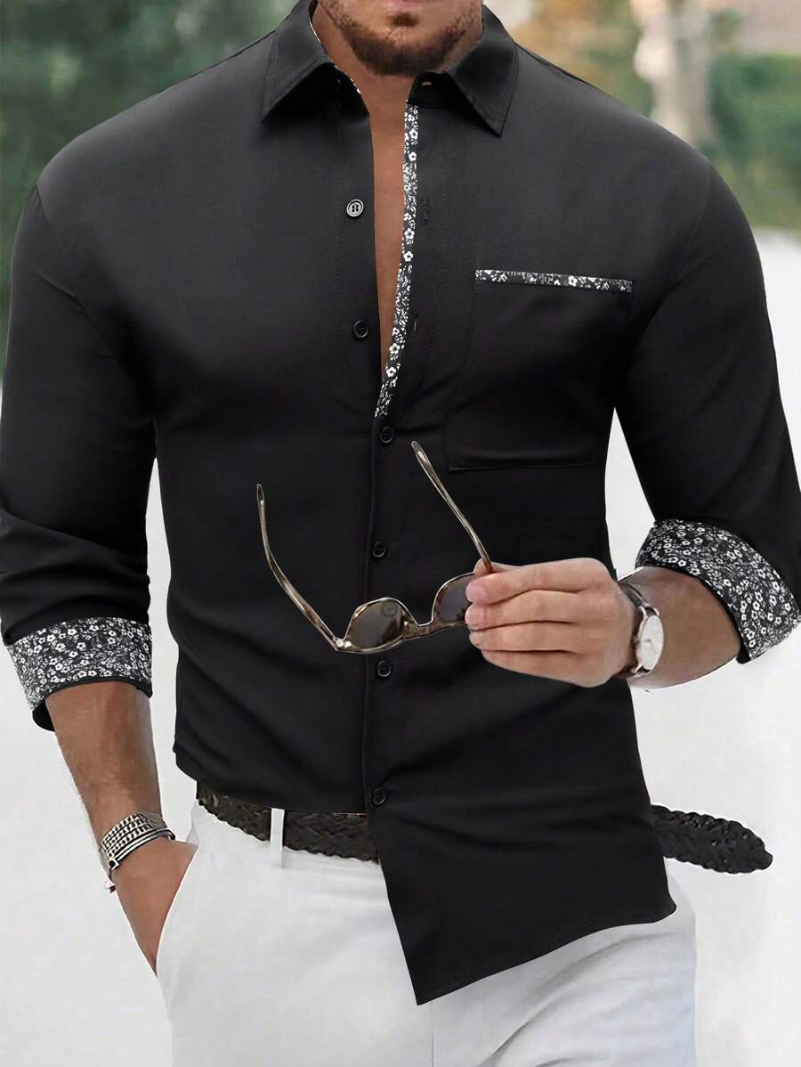 Manfinity Mode Men's Floral Print Cuff Long Sleeve Shirt, For Fall - Black - View 1