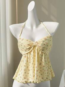 Elamini Yellow Ditsy Floral Hollow-Out V-Neck Cute & Sexy Backless Cropped Camisole, Spring/Summer
