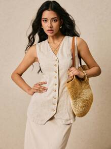 Poéselle 1pc Women's Solid Color Single-Breasted V-Neck Sleeveless Casual Shirt - Apricot - View 4