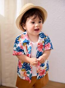 Cozy Pixies 3pcs/Set Toddler Boys Plant & Floral Print Lapel Short Sleeve Top, Button Down Shirt, And Elastic Waist Shorts Outfit