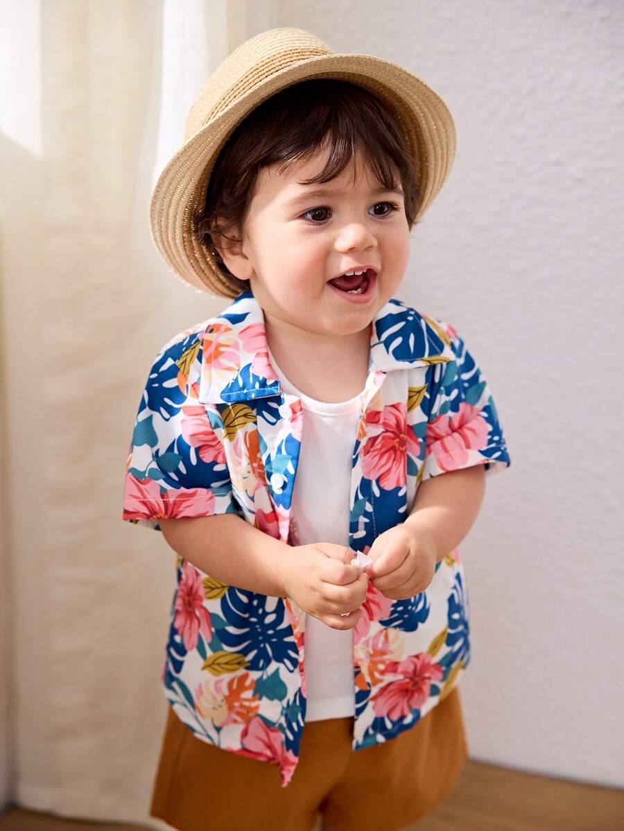 Cozy Pixies 3pcs/Set Toddler Boys Plant & Floral Print Lapel Short Sleeve Top, Button Down Shirt, And Elastic Waist Shorts Outfit