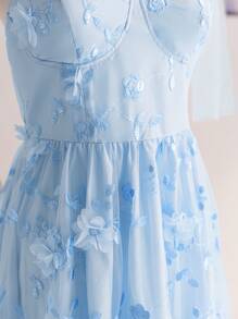 Soleia Vacation Women Romantic Floral Printed Mesh Layered Bowknot Mini Dress With A-Line Silhouette, Fit For Afternoon Tea Or Date,Summer Dresses For Women - Baby Blue - View 5