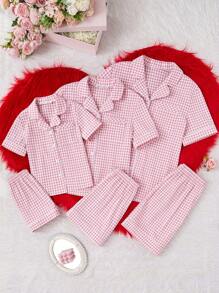 Set de 2 piezas con top de manga corta y shorts en estampado a cuadros de burbujas rosas, de estilo casual y elegante para mujer