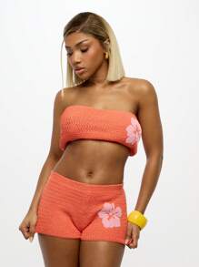 SUMWON WOMEN 夏季海滩钩针针织套装抹胸上衣短裤夏威夷花卉图案度假服两件套节日度假沙滩装 - 橘色 - 查看 5