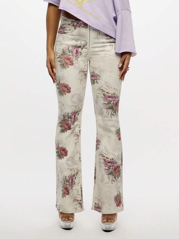 SUMWON WOMEN Elegant Floral Print High Rise Wide Leg Jeans