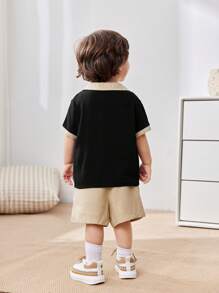 Cozy Pixies 2pcs Baby Boy Set: Ornate Decoration Colorblock Collar Short Sleeve Polo Shirt & Solid Color Elastic Waist Shorts