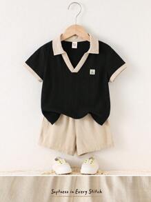 Cozy Pixies 2pcs Baby Boy Set: Ornate Decoration Colorblock Collar Short Sleeve Polo Shirt & Solid Color Elastic Waist Shorts