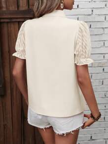 SHEIN Clasi Women's Solid Color Tie-Neck Short Puff Sleeve Elegant Blouse - Beige - View 2