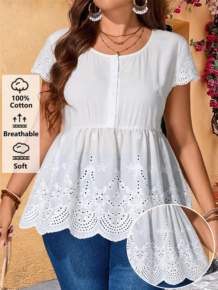 Blouse tunique avec broderie ajourée de couleur unie pour grande taille, décontractée et festive. Simple et , convient pour le port quotidien, les robes de mariée invitées, les robes d'été pour femmes, les robes de Pâques pour femmes, les costumes de concert pour femmes