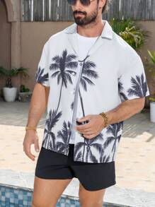 Horizaway 男士沙滩装 - 短袖衬衫和短裤 男士泳裤，夏威夷风 - 卡其色 - 查看 1