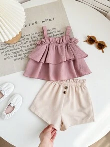 Babygirl Cute Ruffled Spaghetti Strap Vest And Shorts Summer Vacation Set