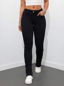 SHEIN Tall Slim Fit Bell Bottom Solid Color Casual Jeans