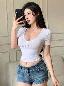 DAZY Summer Sexy Fitted Twist Design V-Neck Short Sleeve Slim Fit Women T-Shirt - White - View 6