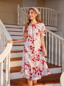 CottageSlumber Red Floral Print Ruffle Hem Bubble Wrinkle Women Nightdress - Apricot - View 1