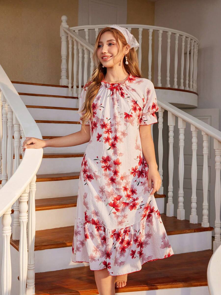 CottageSlumber Red Floral Print Ruffle Hem Bubble Wrinkle Women Nightdress - Apricot - View 1