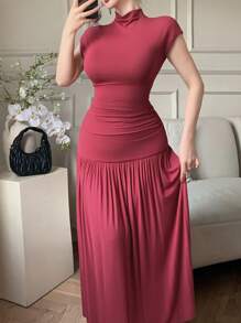 DAZY Conjunto de 2 peças de camiseta feminina de cor sólida com gola e saia de cintura alta - Borgonha - Ver 7