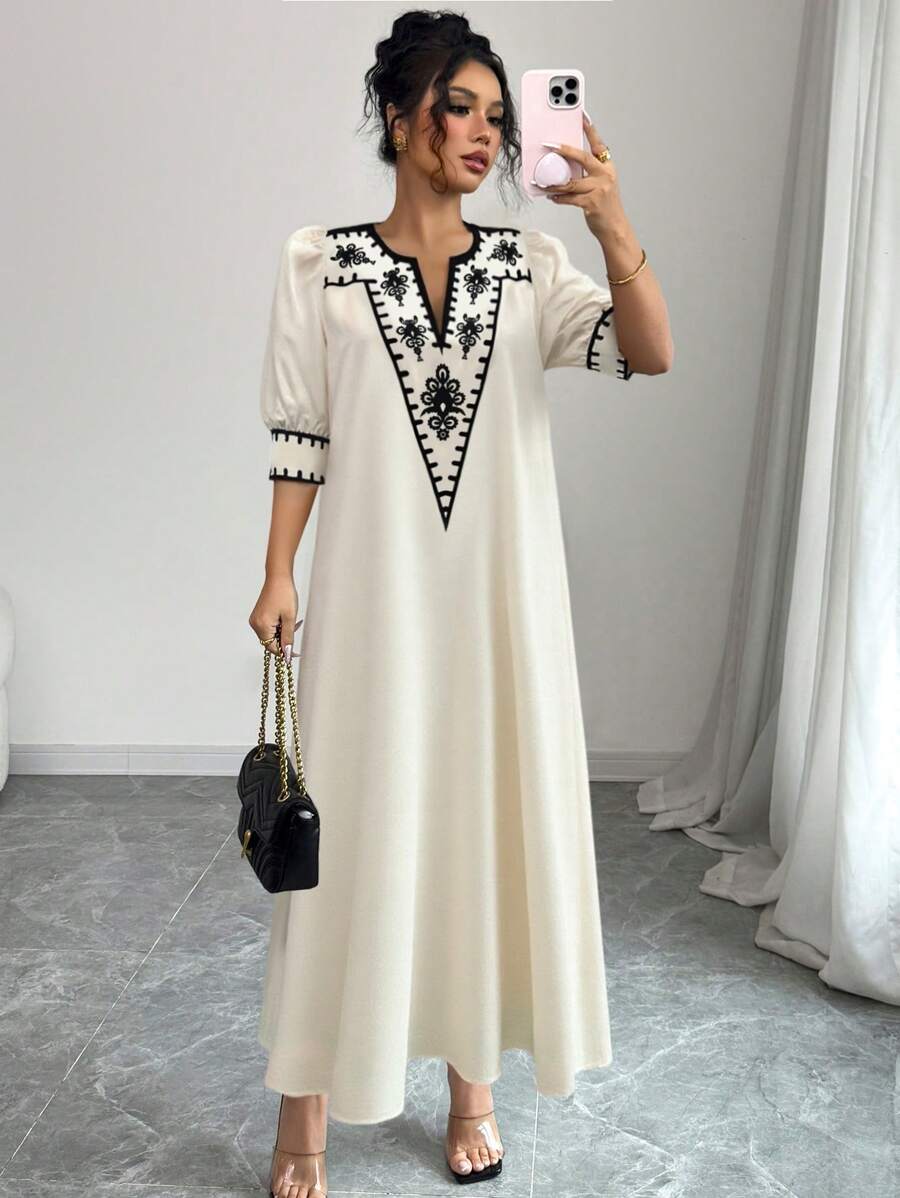 Elenzga Women's Floral Print V-Neck Puff Sleeve Casual Dress, Vacation Wear