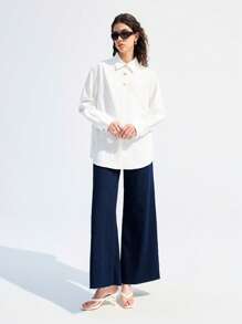 LYSMO 1pc Women Solid Long Sleeve Blouse, Fashionable For Summer - White - View 5