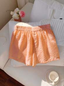 Comfortcana Celana Pendek Wanita Kasual Bergaris dengan Pinggang Elastis, Musim Panas - Burnt Orange - View 4