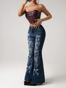 SHEIN ICON Y2k Women's Going Out Cotton Low Waist Butterfly Print Bell Bottom Jeans - Medium Wash - View 5